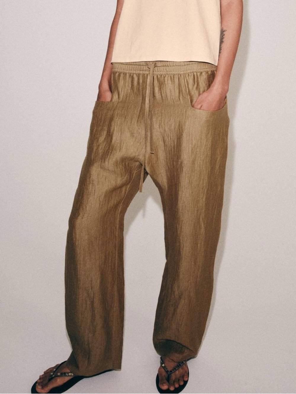 Zara Tan Relaxed Wide-Leg Drawstring Pants